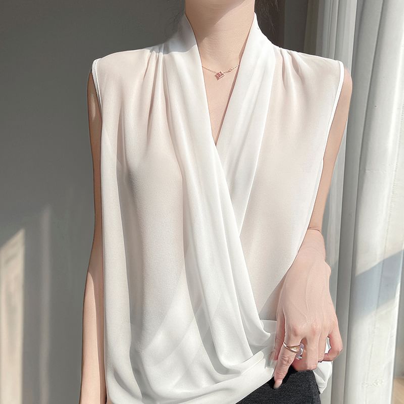 Sleeveless V-Neck Sheer Plain Top