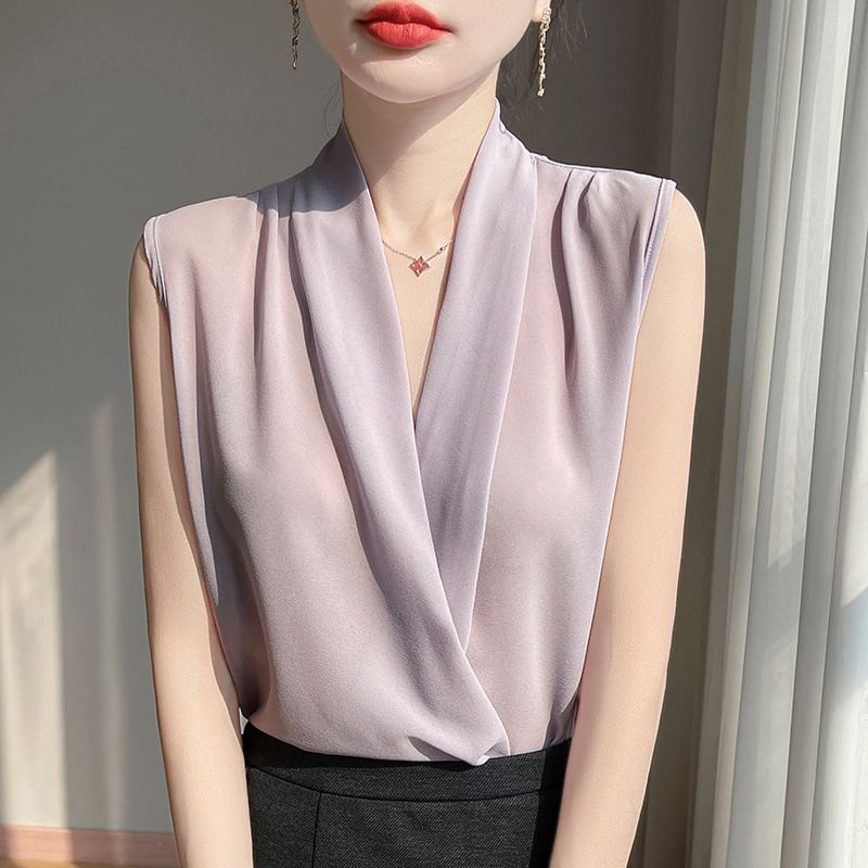 Sleeveless V-Neck Sheer Plain Top