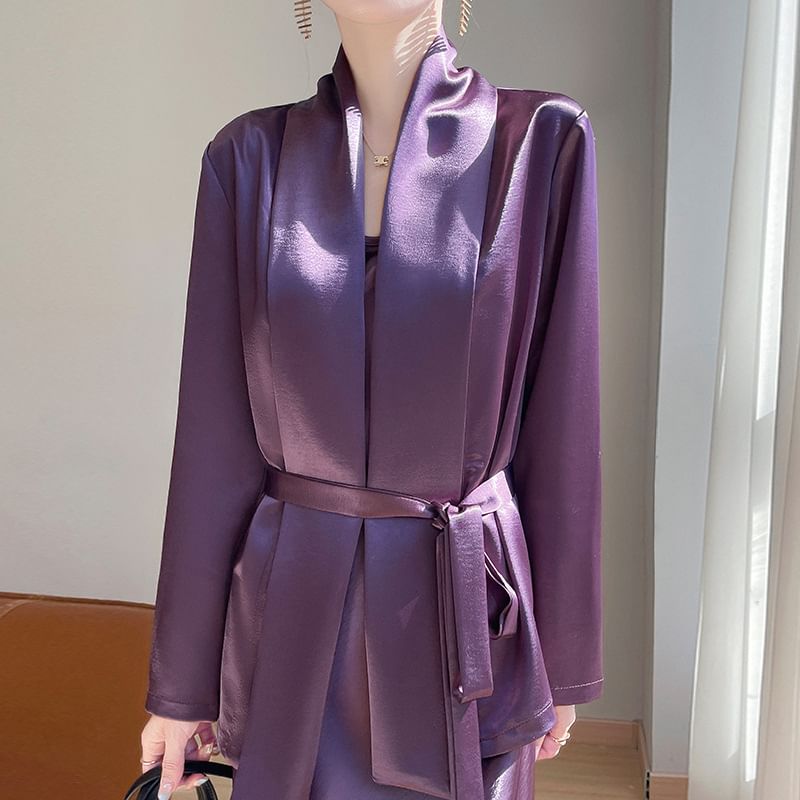 Sashed Open Front Plain Jacket