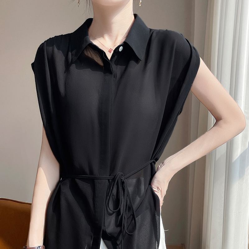 Short-Sleeve Tie Waist Plain Shirt
