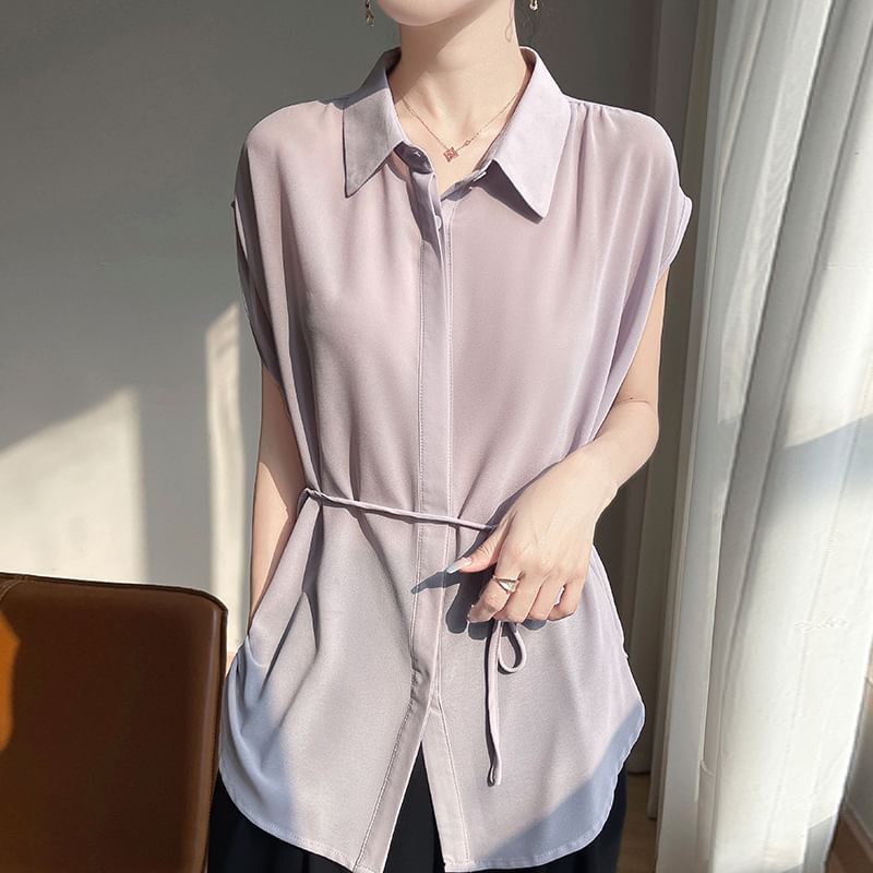 Short-Sleeve Tie Waist Plain Shirt