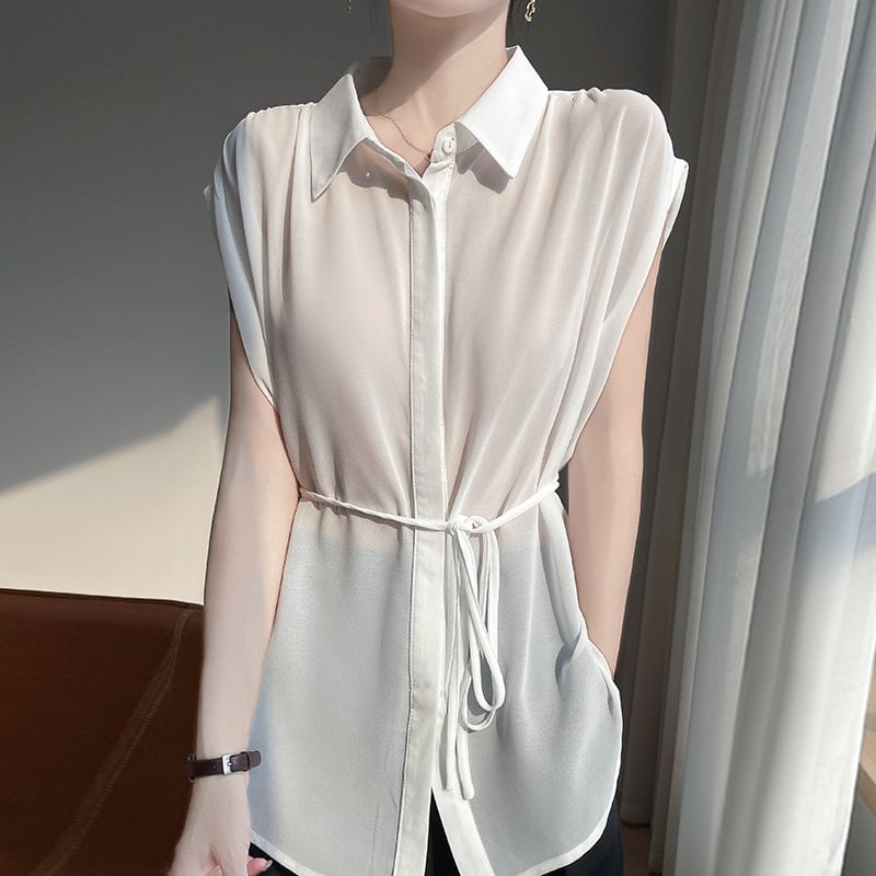 Short-Sleeve Tie Waist Plain Shirt
