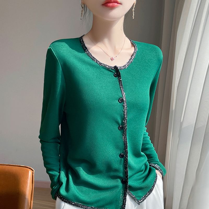 Crewneck Button-Up Plain Cardigan