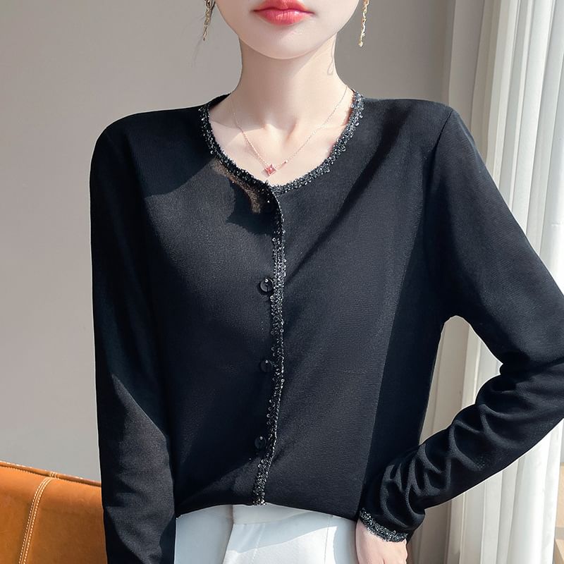 Crewneck Button-Up Plain Cardigan