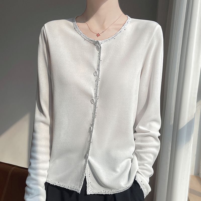 Crewneck Button-Up Plain Cardigan