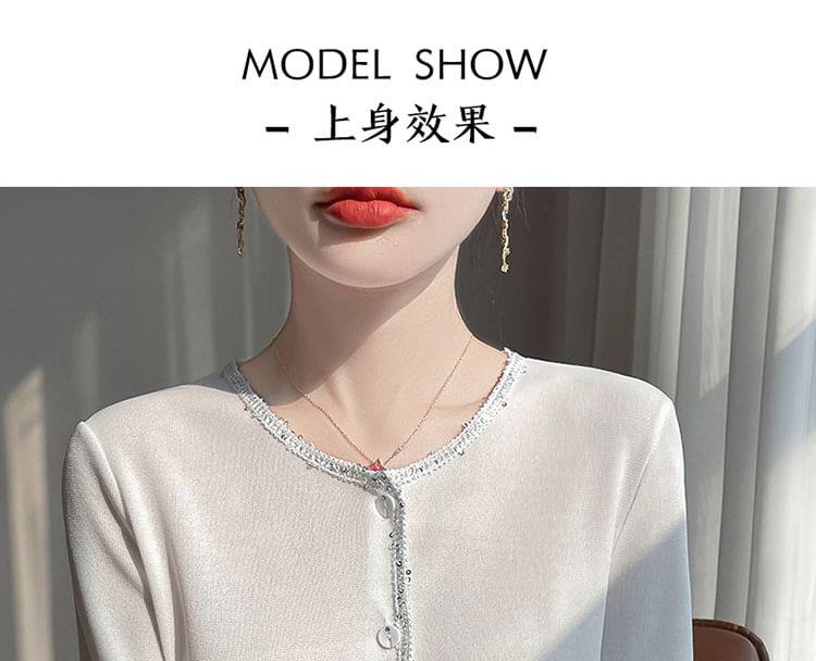 Crewneck Button-Up Plain Cardigan