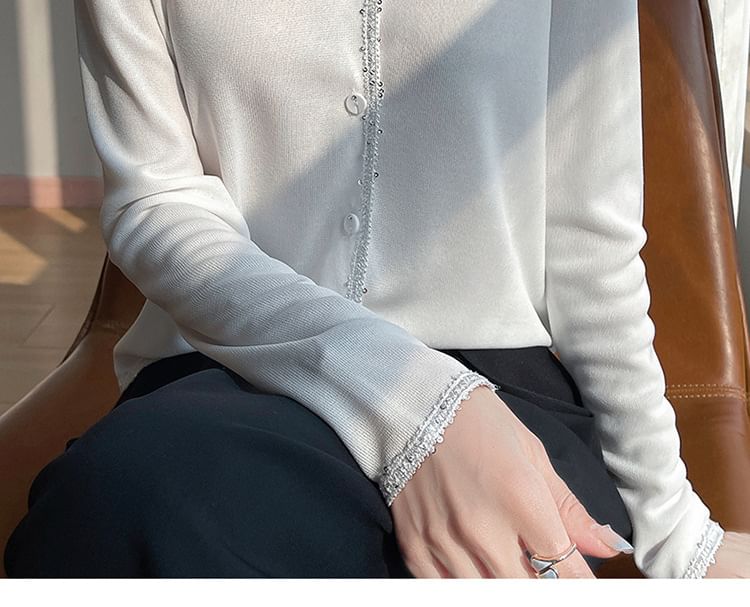 Crewneck Button-Up Plain Cardigan