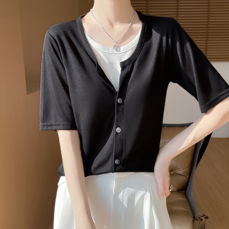 Mock Two-Piece Short-Sleeve Button-Up Two Tone Top