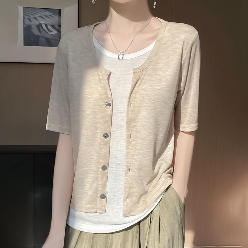 Mock Two-Piece Short-Sleeve Button-Up Two Tone Top