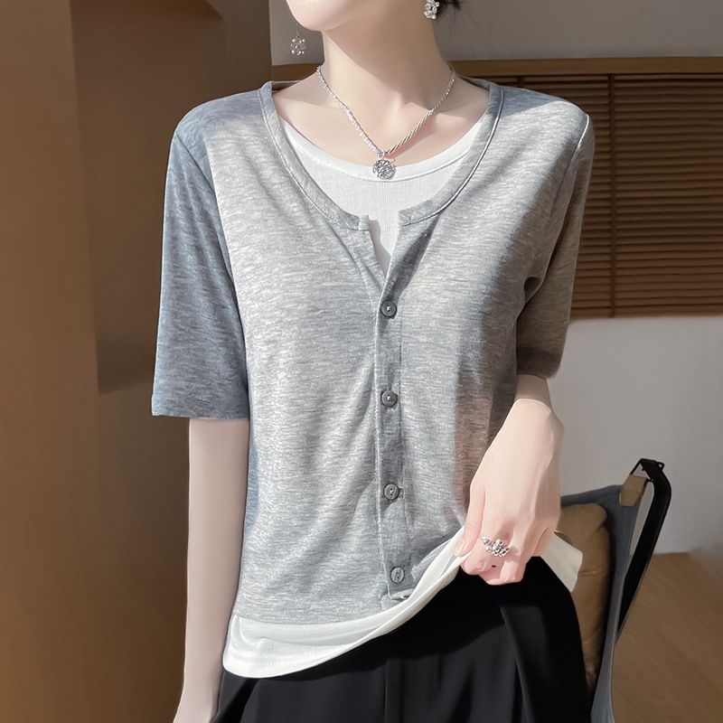 Mock Two-Piece Short-Sleeve Button-Up Two Tone Top