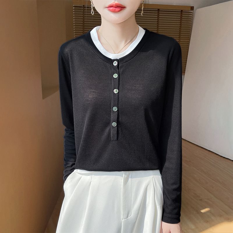Mock Two-Piece Long-Sleeve Half Buttoned Plain Top