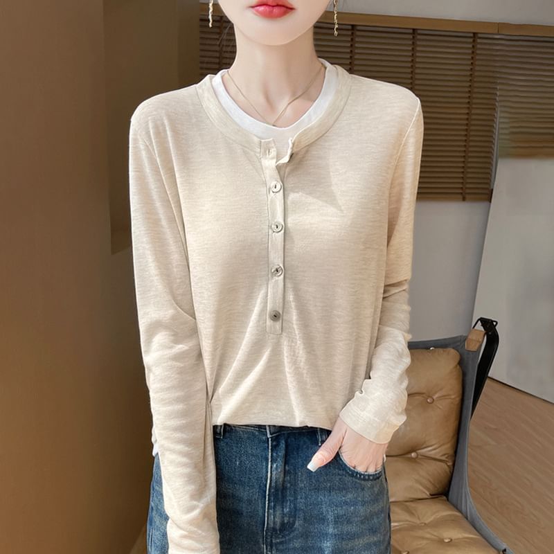 Mock Two-Piece Long-Sleeve Half Buttoned Plain Top