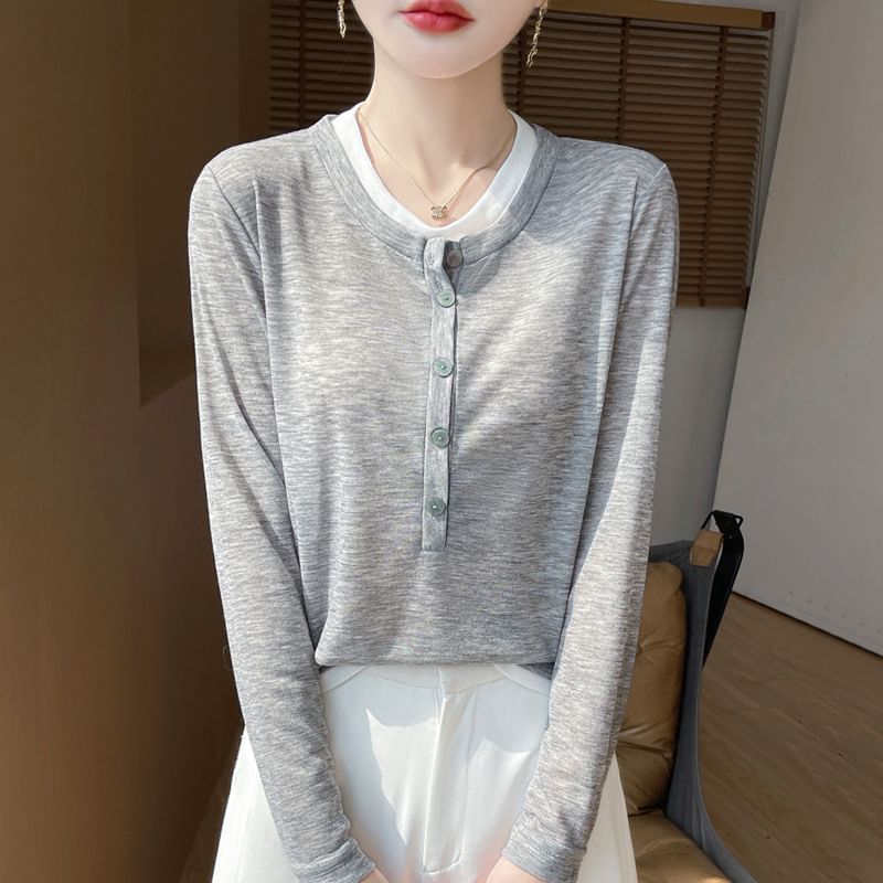 Mock Two-Piece Long-Sleeve Half Buttoned Plain Top