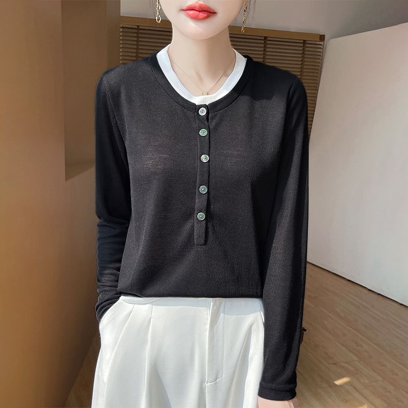 Mock Two-Piece Long-Sleeve Half Buttoned Plain Top