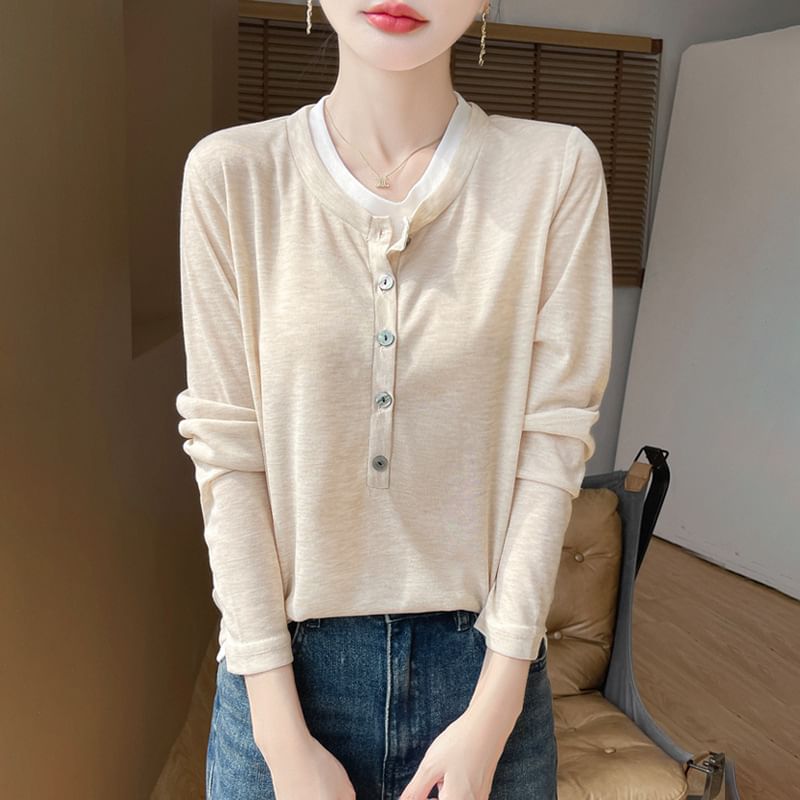 Mock Two-Piece Long-Sleeve Half Buttoned Plain Top