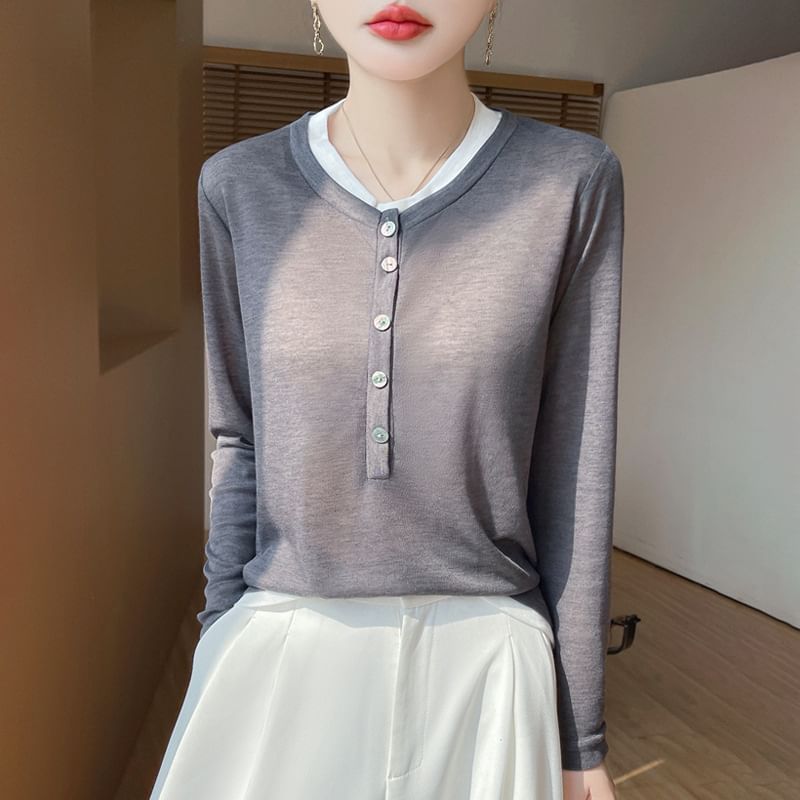 Mock Two-Piece Long-Sleeve Half Buttoned Plain Top
