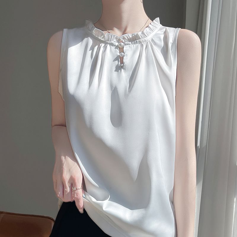 Sleeveless Frill Trim Plain Top