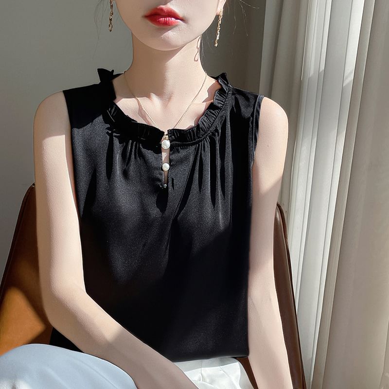 Sleeveless Frill Trim Plain Top