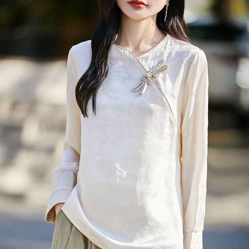 Long-Sleeve Frog Buttoned Asymmetrical Top
