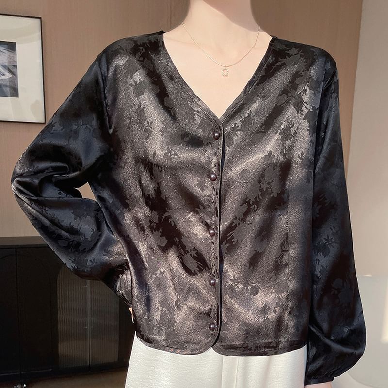 V-Neck Satin Button-Up Jacket