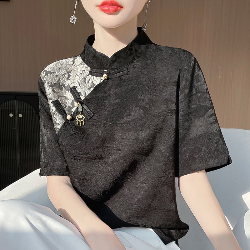 Elbow-Sleeve Stand Collar Frog Buttoned Top