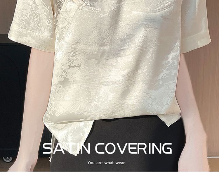 Elbow-Sleeve Stand Collar Frog Buttoned Top