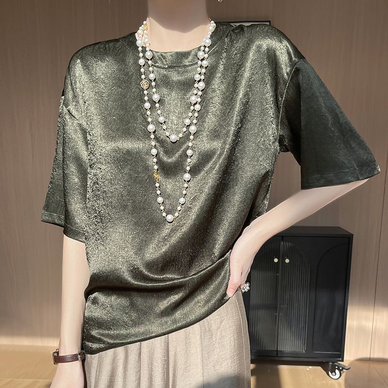 Short-Sleeve Crewneck Satin T-Shirt