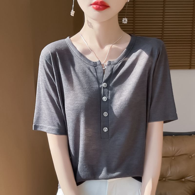 Short-Sleeve Half Buttoned Plain T-Shirt