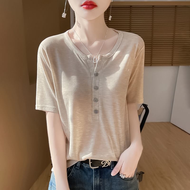 Short-Sleeve Half Buttoned Plain T-Shirt