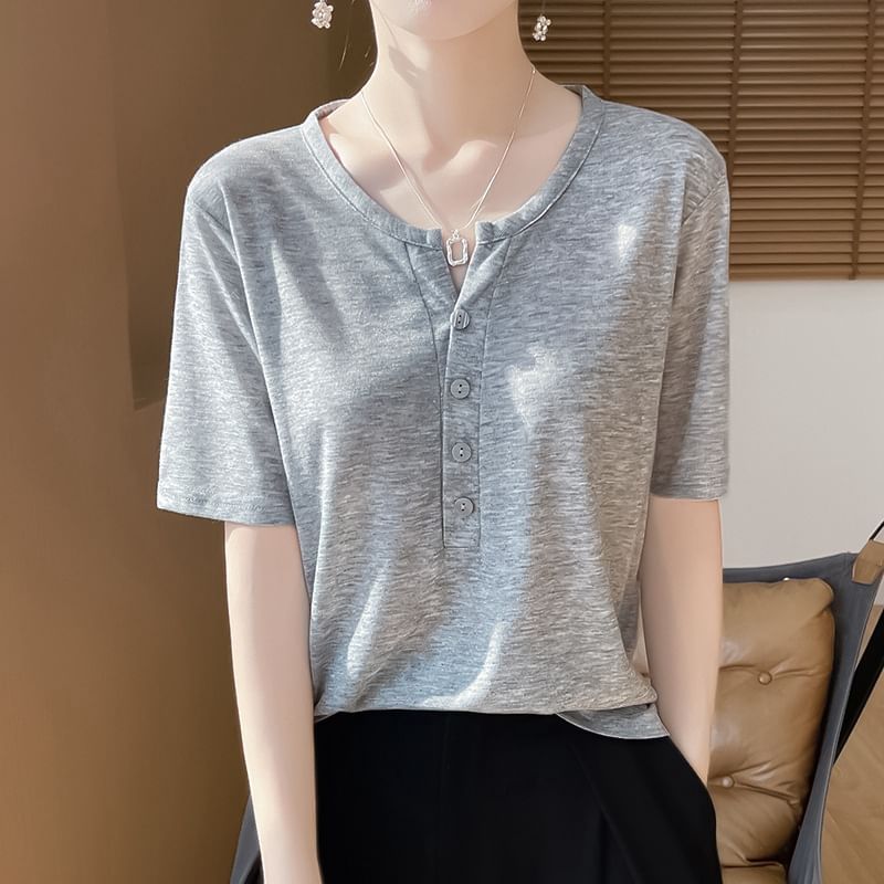 Short-Sleeve Half Buttoned Plain T-Shirt