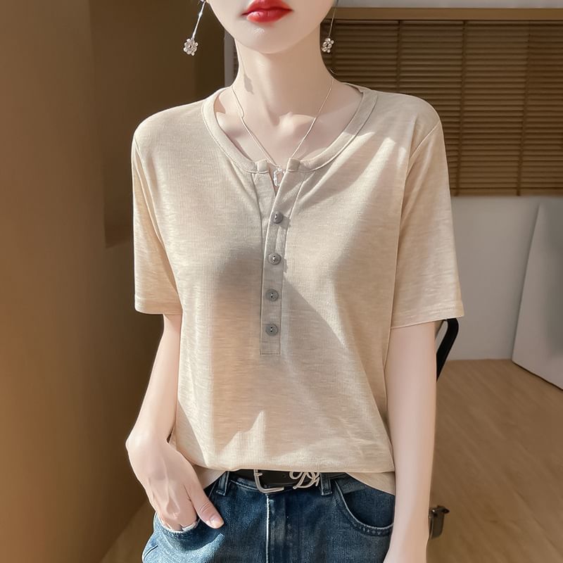 Short-Sleeve Half Buttoned Plain T-Shirt