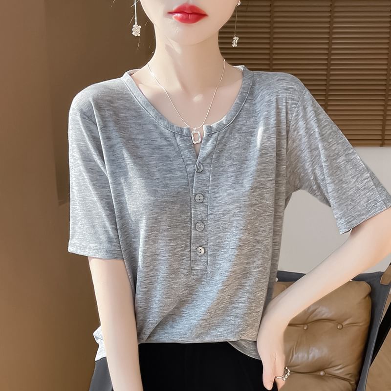 Short-Sleeve Half Buttoned Plain T-Shirt