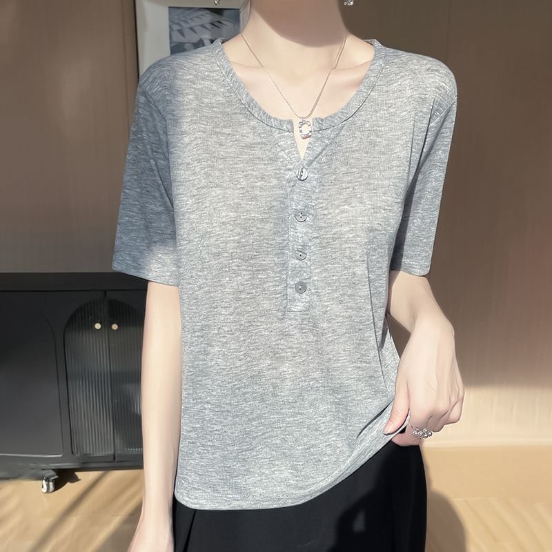 Short-Sleeve Half Buttoned Plain T-Shirt