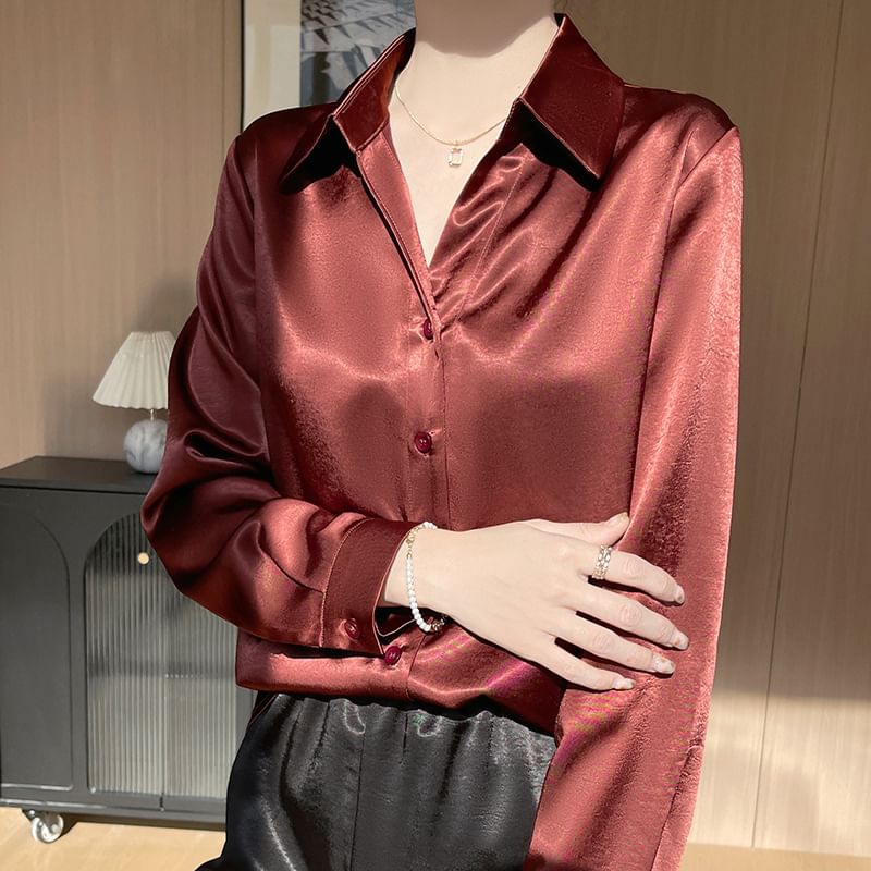 Long-Sleeve Satin Plain Shirt