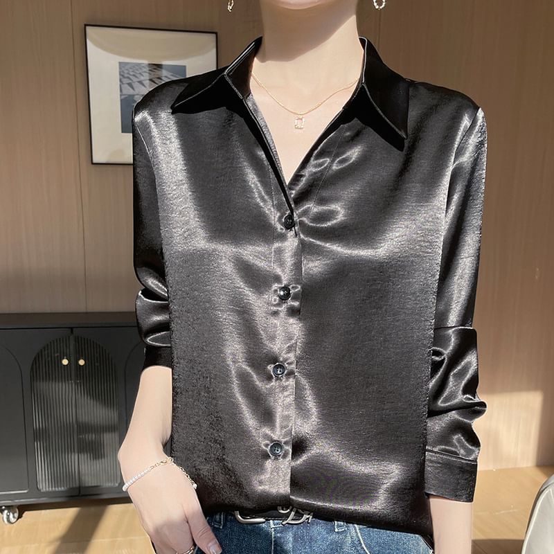 Long-Sleeve Satin Plain Shirt