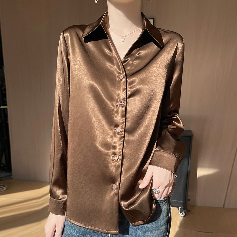 Long-Sleeve Satin Plain Shirt