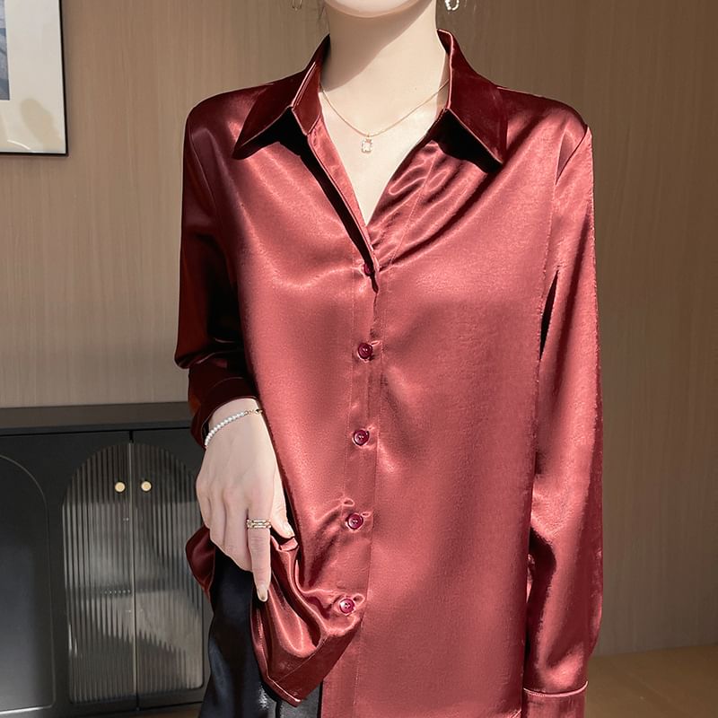 Long-Sleeve Satin Plain Shirt