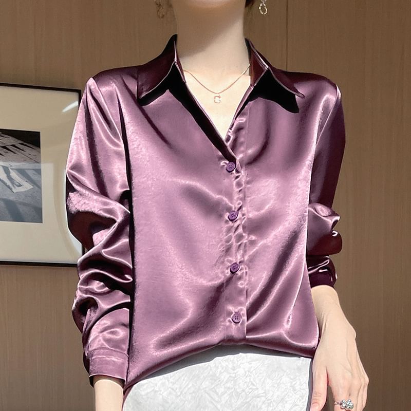 Long-Sleeve Satin Plain Shirt