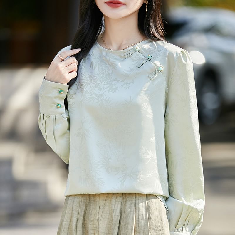 Puff-Sleeve Crewneck Frog Buttoned Blouse