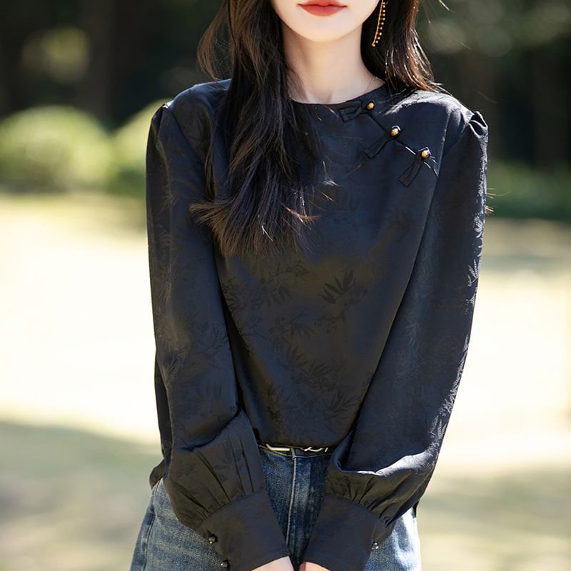 Puff-Sleeve Crewneck Frog Buttoned Blouse