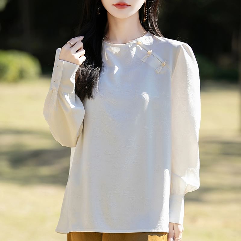Puff-Sleeve Crewneck Frog Buttoned Blouse