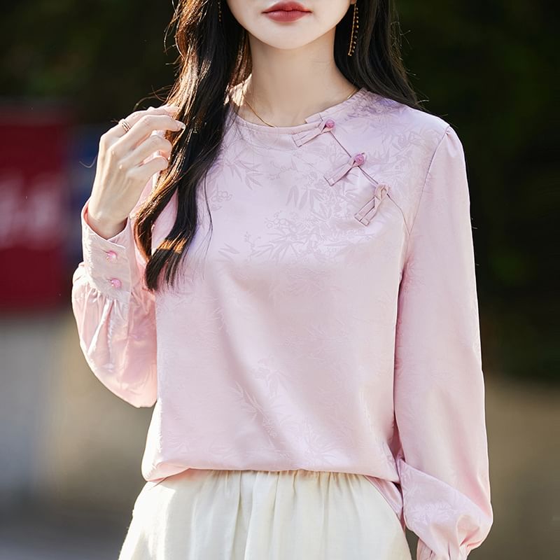 Puff-Sleeve Crewneck Frog Buttoned Blouse