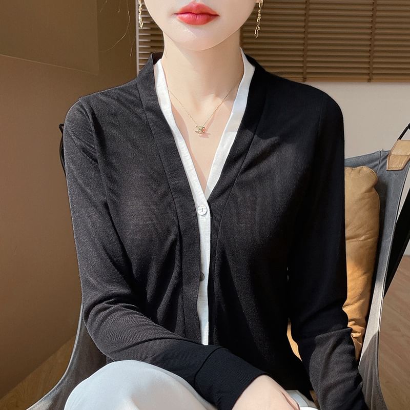 Mock Two-Piece Two Tone Button-Up Cardigan
