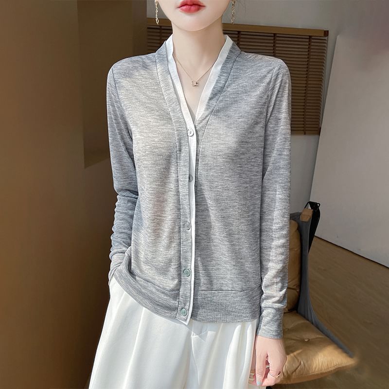 Mock Two-Piece Two Tone Button-Up Cardigan