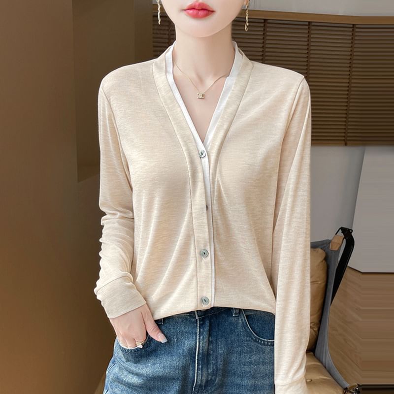 Mock Two-Piece Two Tone Button-Up Cardigan