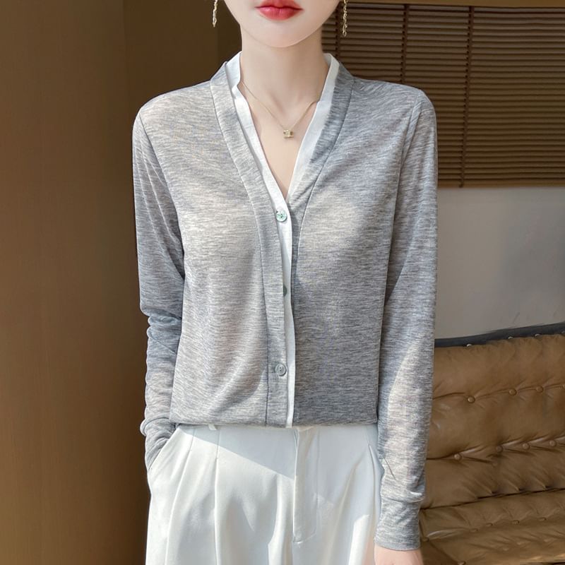 Mock Two-Piece Two Tone Button-Up Cardigan