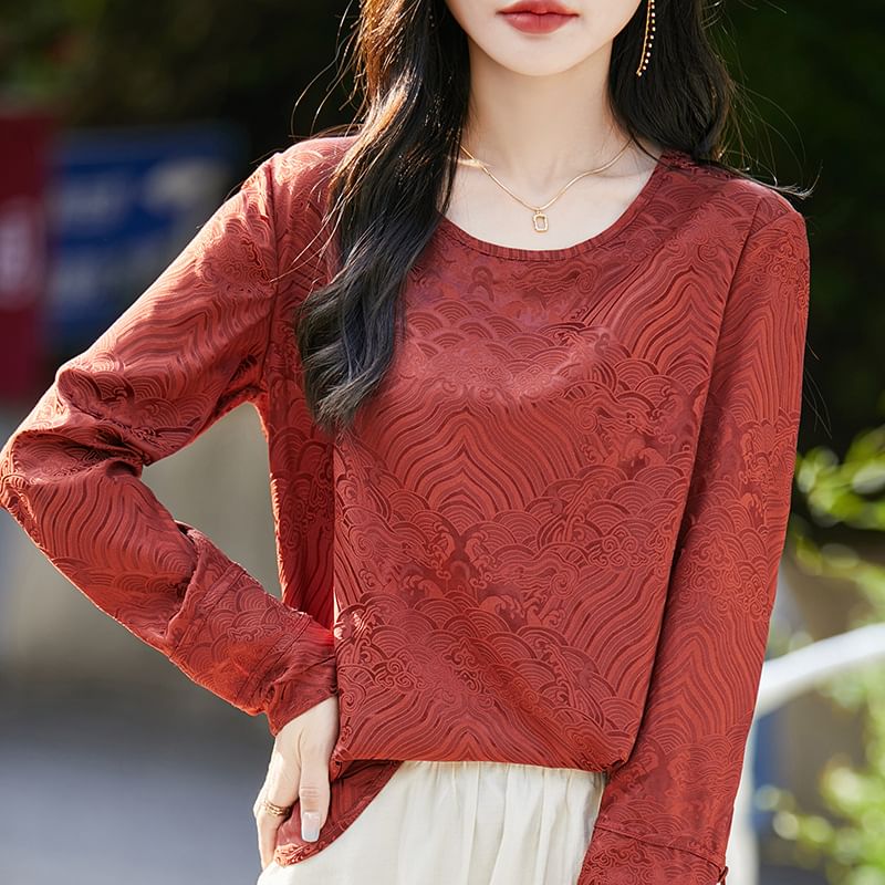 Long-Sleeve Crewneck Satin T-Shirt