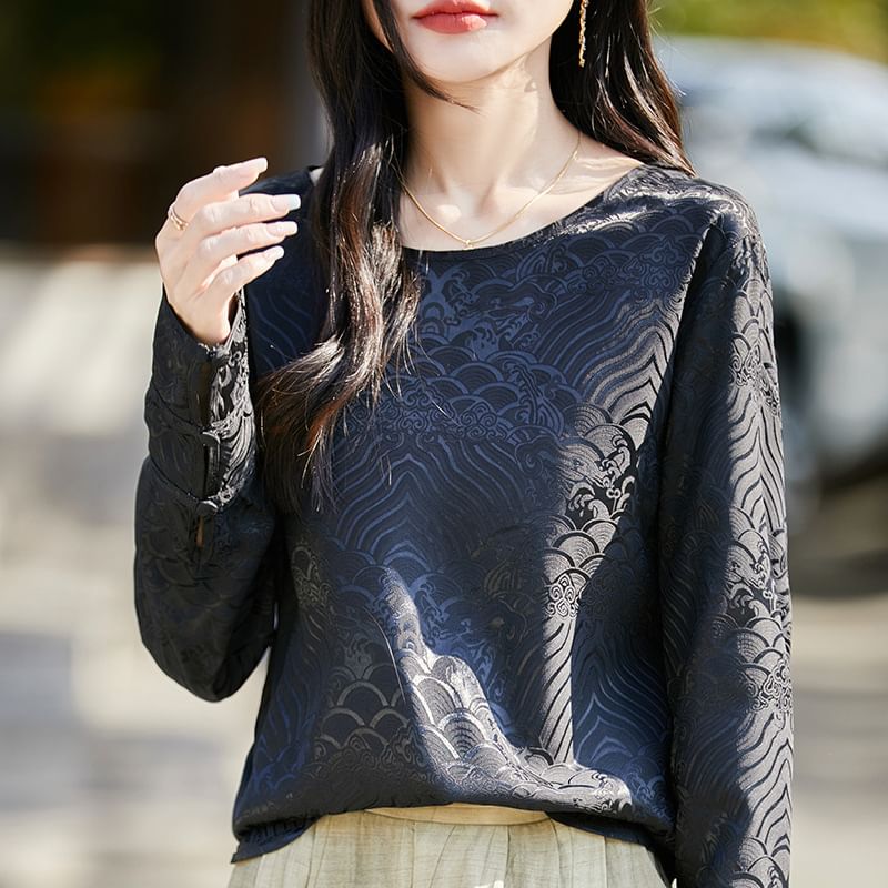 Long-Sleeve Crewneck Satin T-Shirt