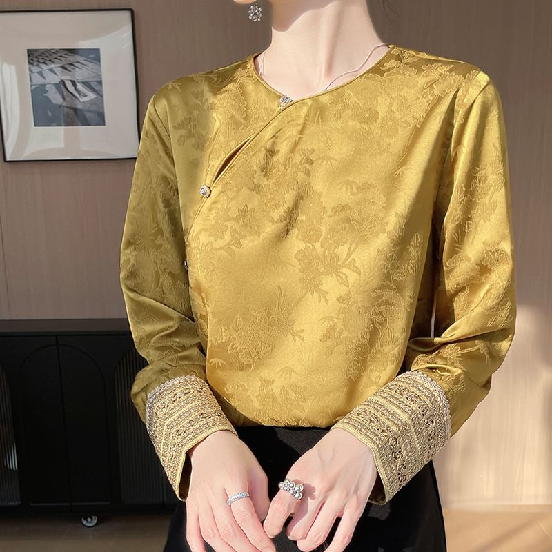 Traditional Chinese Long-Sleeve Asymmetrical Print Top