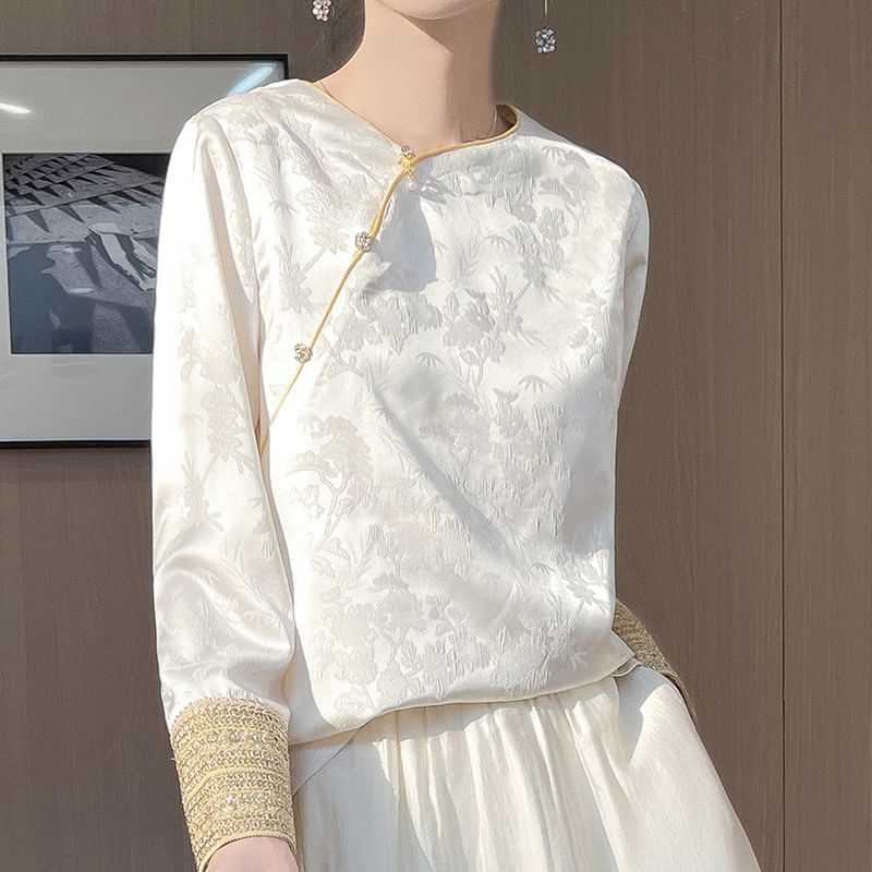 Traditional Chinese Long-Sleeve Asymmetrical Print Top